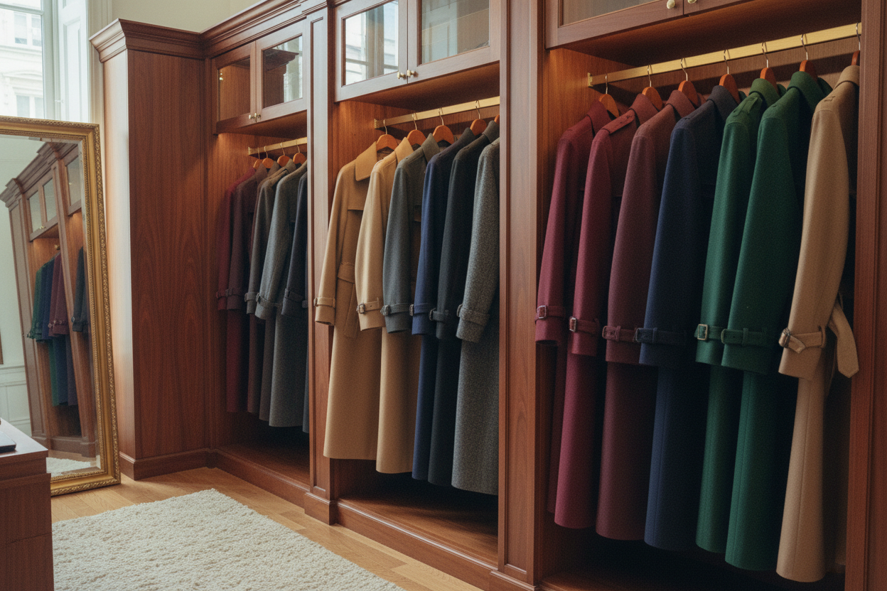 Old money luxury coats on hangers